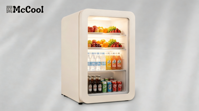A beautifully organized and well-lit glass door refrigerator