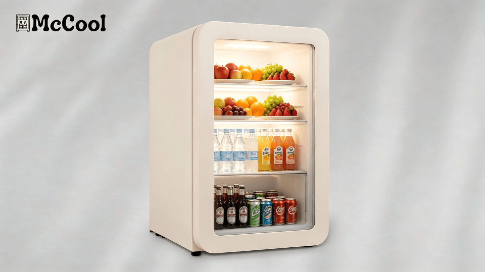 A beautifully organized and well-lit glass door refrigerator