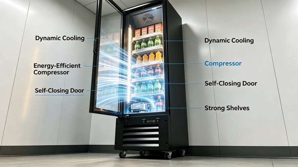 Close-up of a dynamic cooling system fan inside a commercial fridge