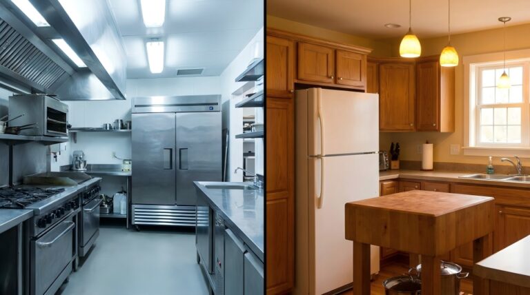 A commercial fridge in a restaurant kitchen next to a residential fridge in a home kitchen