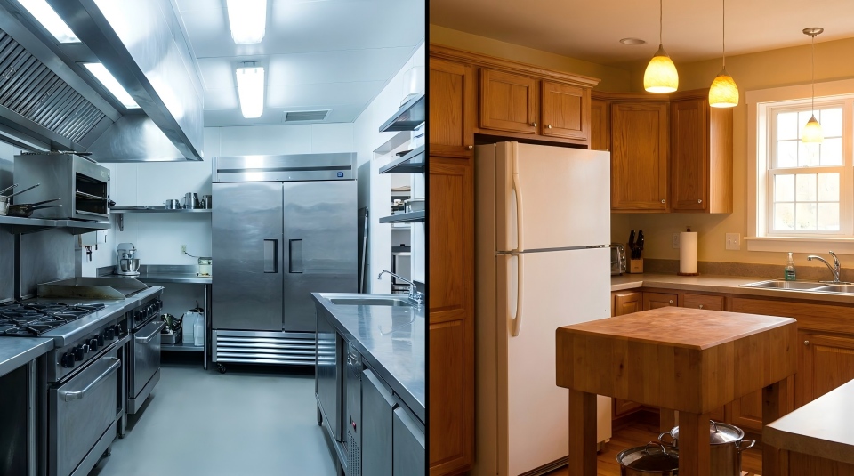 A commercial fridge in a restaurant kitchen next to a residential fridge in a home kitchen