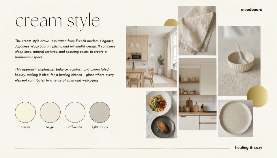 A mood board showing the color palette of cream style design