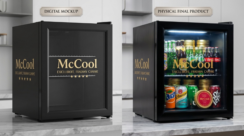 A custom branded refrigerator mockup next to the final product