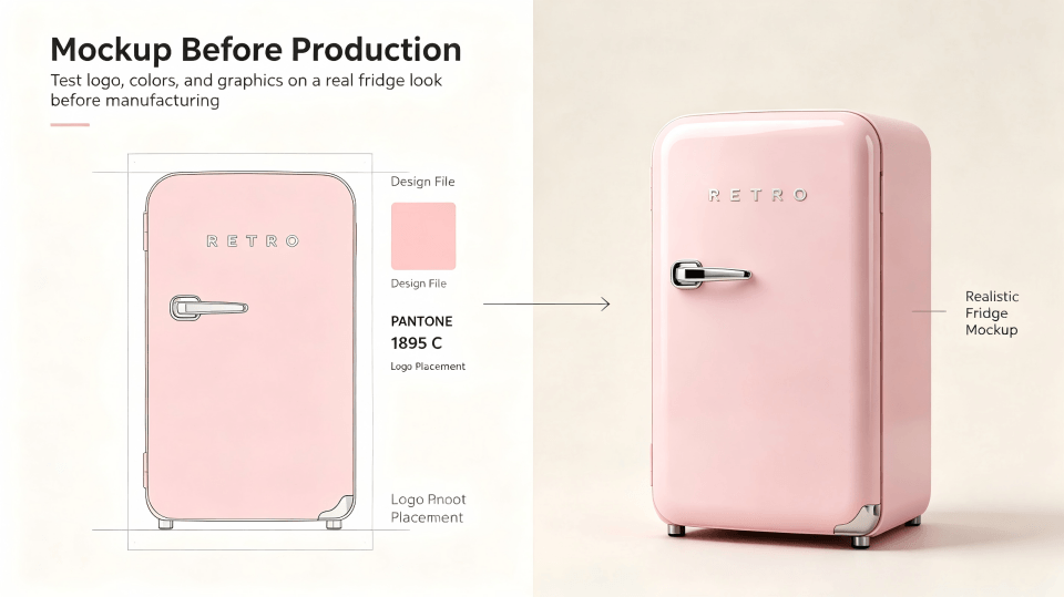 A side-by-side comparison of a design file and a realistic fridge mockup