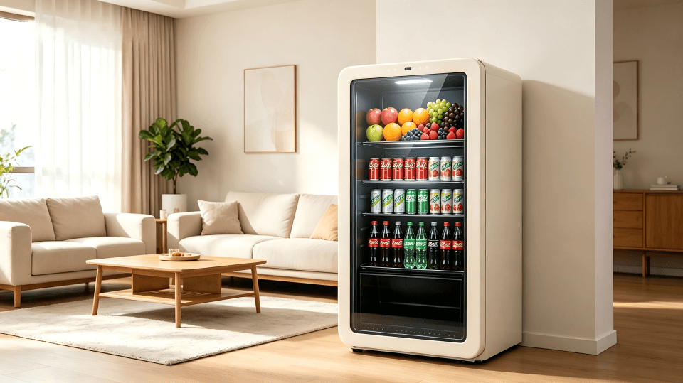 A modern kitchen with a sleek glass door refrigerator