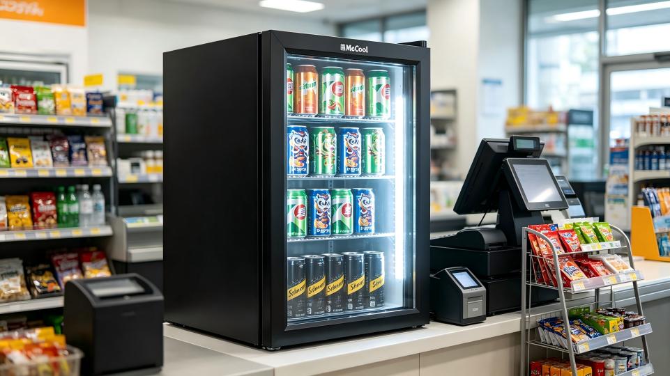 A countertop beverage cooler next to a cash register