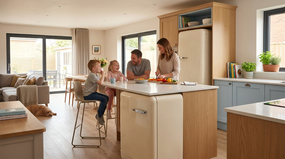 A family gathered in an open-plan kitchen with a stylish cream fridge