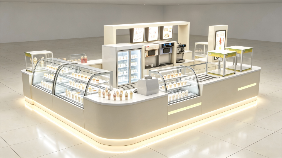 A bright and modern ice cream shop with various refrigeration units