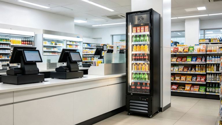 A slim glass door commercial refrigerator in a convenience store