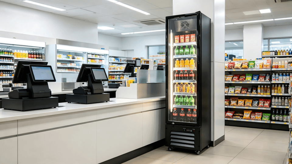 A slim glass door commercial refrigerator in a convenience store