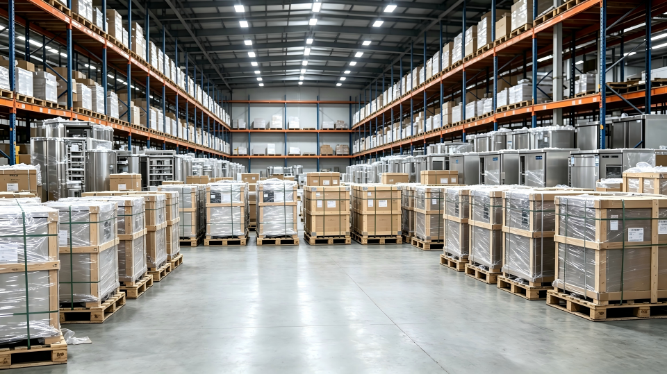 A warehouse with kitchen equipment being prepared for export shipment