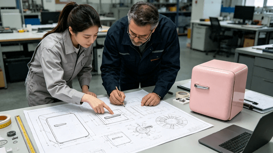 a designer and a factory manager reviewing a technical drawing of a fridge