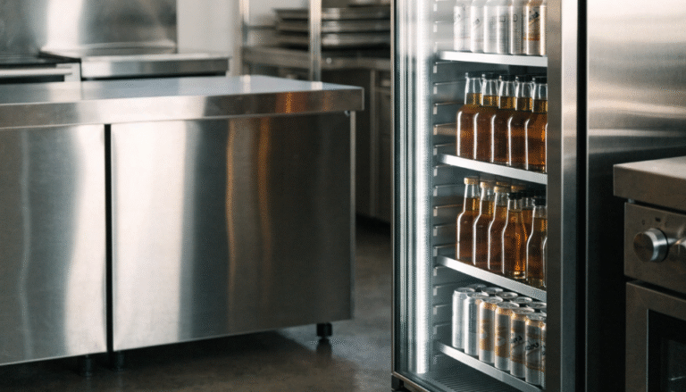A sleek, modern commercial refrigerator in a clean, professional kitchen setting.