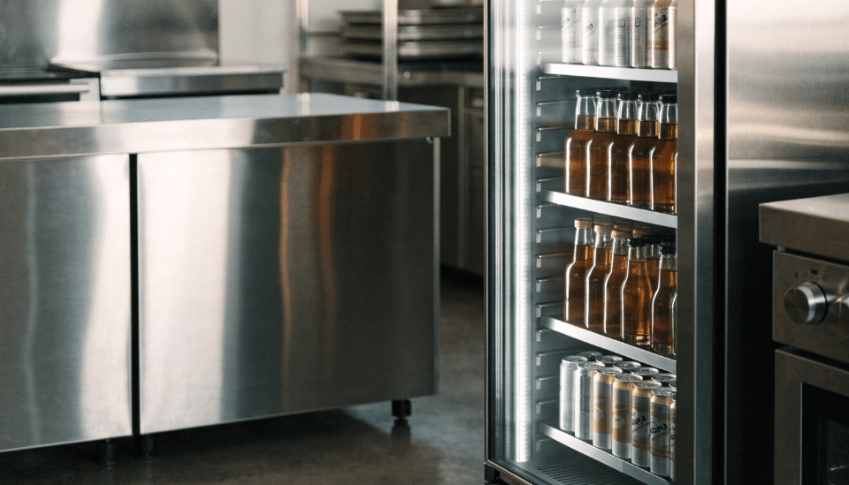A sleek, modern commercial refrigerator in a clean, professional kitchen setting.