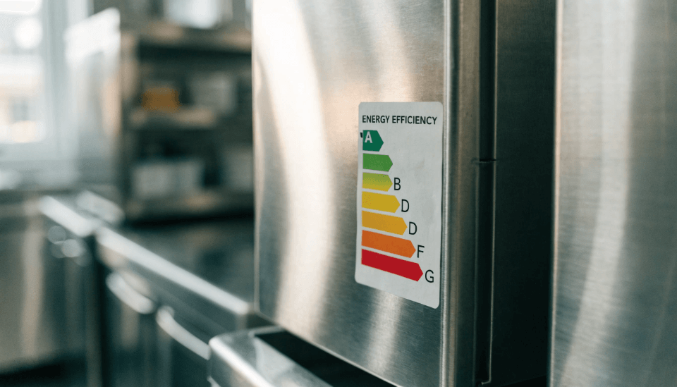 An energy efficiency label on the side of a commercial refrigerator.