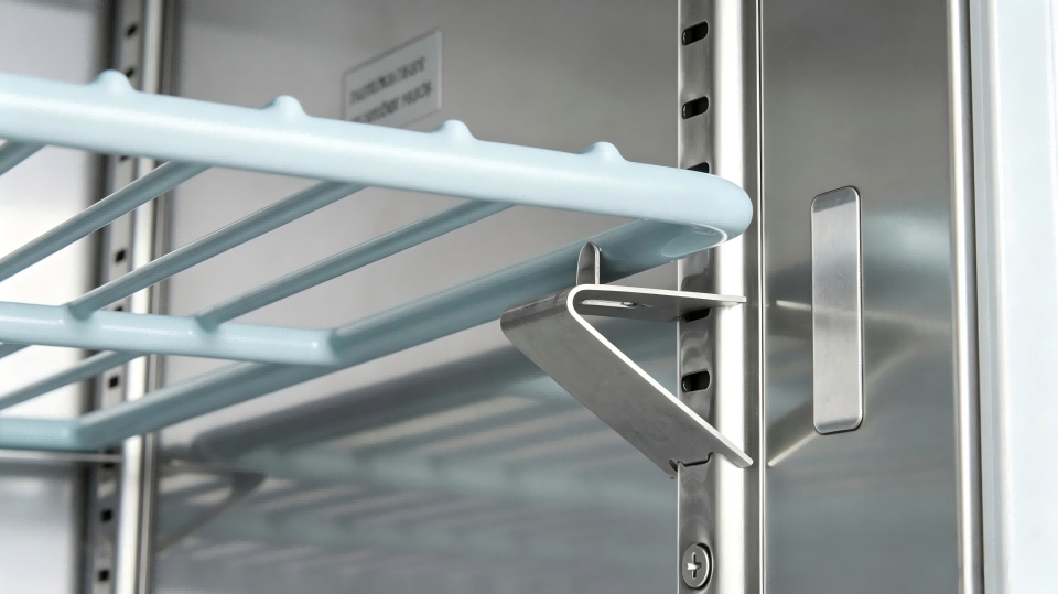 Close-up of a pilaster strip and shelf clip inside a commercial refrigerator.