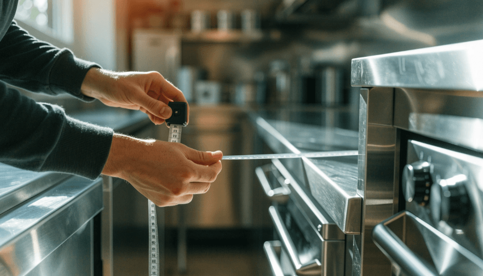 A person using a measuring tape to measure the space for a new refrigerator.