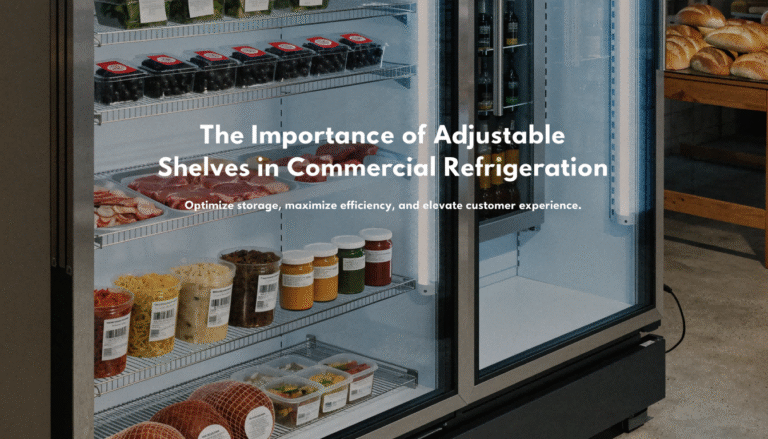 A commercial refrigerator with adjustable shelves showcasing a variety of products.