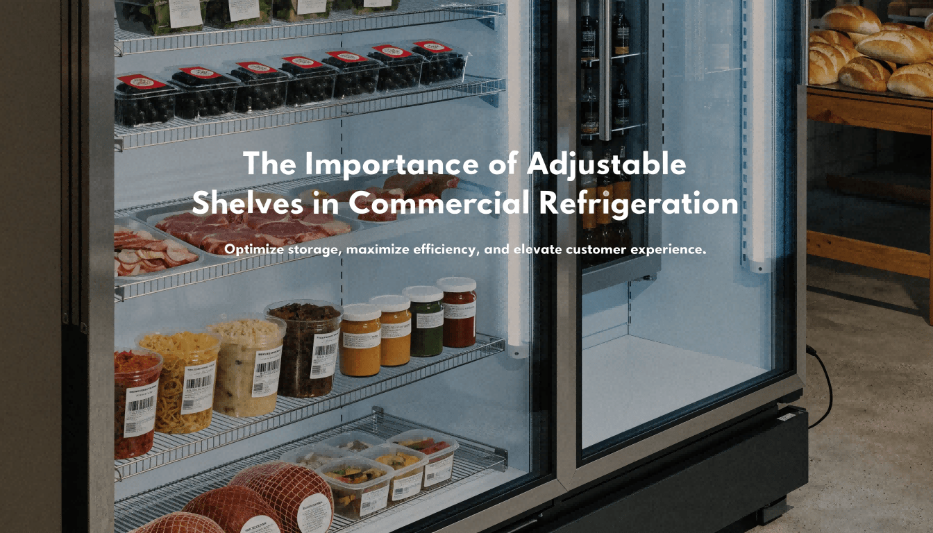 A commercial refrigerator with adjustable shelves showcasing a variety of products.