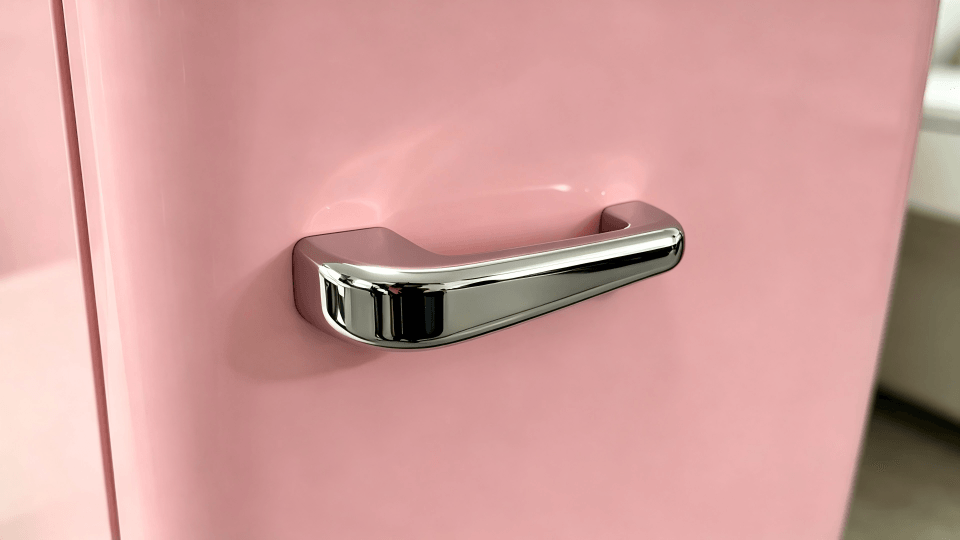 a close-up shot of a unique chrome handle on a vintage-style fridge