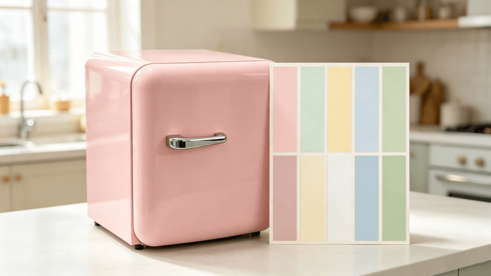 a color palette swatch next to a retro fridge, showing different shades