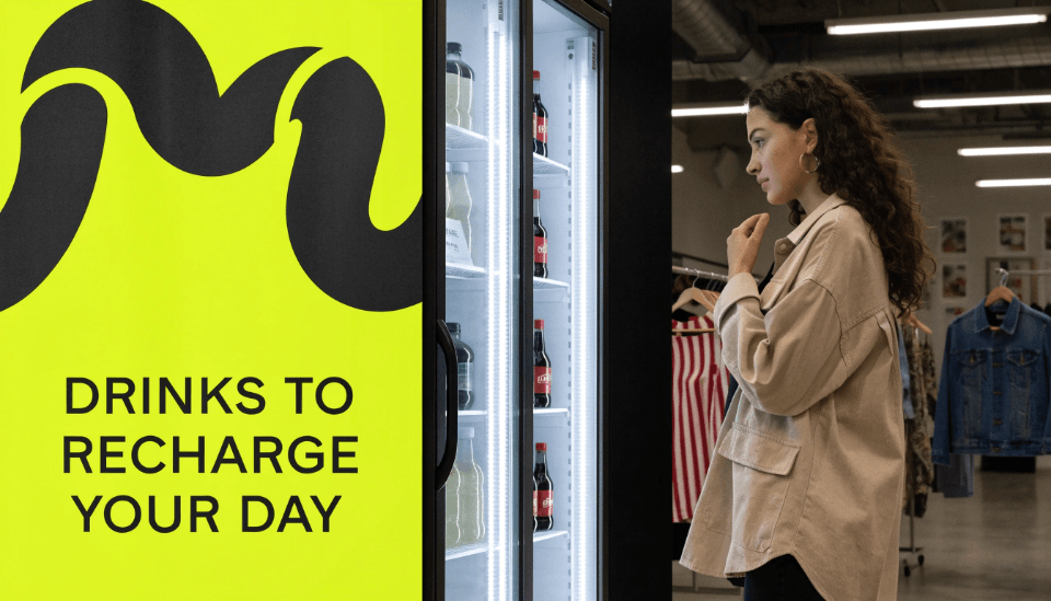 A branded fridge in a retail store, attracting a customer's attention