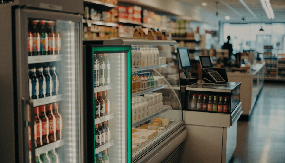 A collection of different display fridges in a retail setting