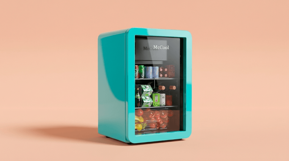 A retro-style compact fridge in a vibrant color
