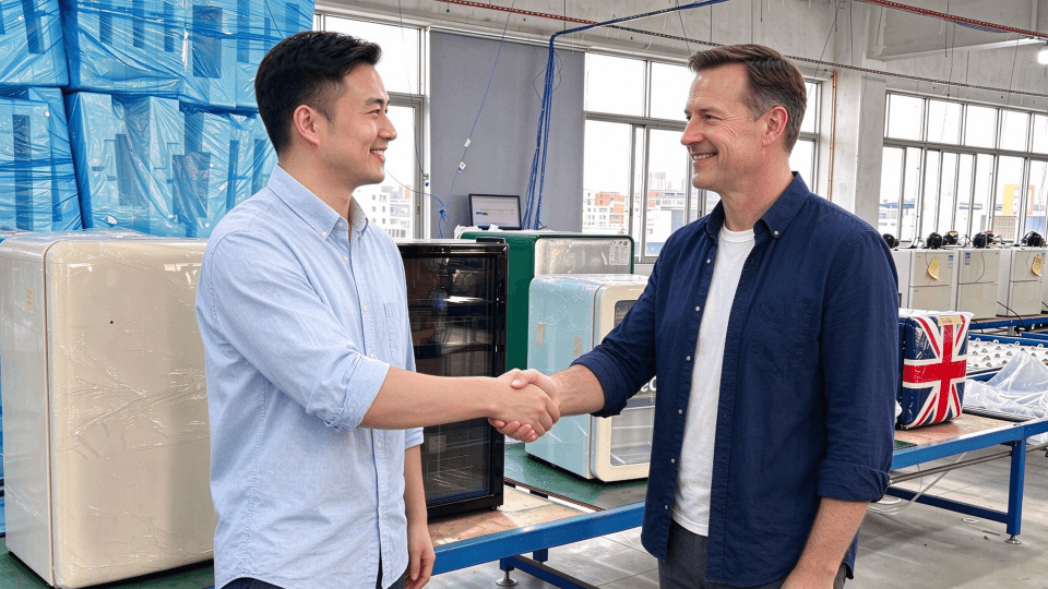 Two people shaking hands over a factory assembly line, symbolizing a good supplier relationship